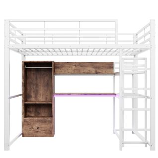 Lit Mezzanine 140x200cm Avec LED, Bureau, Étagère Et Portant En Métal Blanc