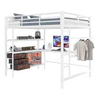 Lit Mezzanine 140x200cm Avec LED, USB, Bureau, Étagère, Portant Et 3 Tiroirs Blanc