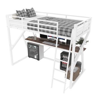 Lit Mezzanine 90x200cm Avec LED Et Bureau En Métal Blanc