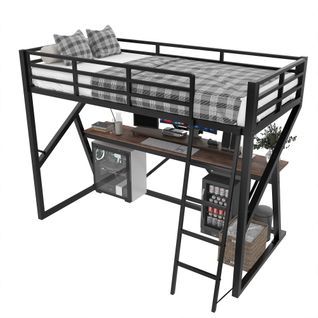 Lit Mezzanine 90x200cm Avec LED Et Bureau En Métal Noir