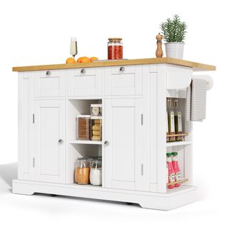 Ilot Central Cuisine Comptoir Avec 3 Tiroirs, 2 Portes Et Bureau Pliable Blanc