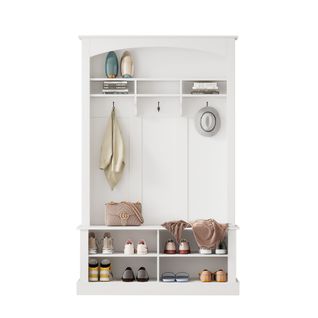 Vestiaire Avec 3 Crochets, Étagères à Plusieurs Niveaux Et Banc à Chaussures Blanc