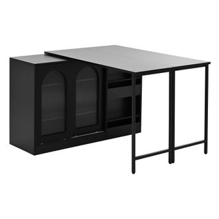 Ilot Central Cuisine Comptoir Avec Table Rotative Et Rétractable à 360° Et Portes Coulissantes Noir
