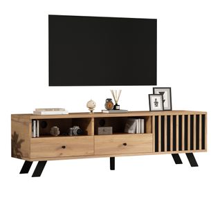 Meuble TV Avec 2 Tiroirs, 2 Niches Et 1 Porte Couleur Naturelle