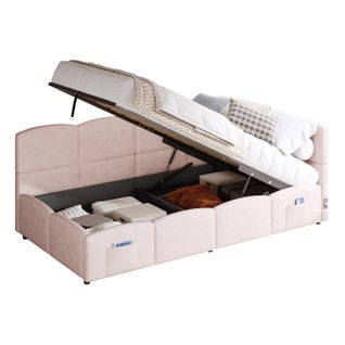 Lit Enfant Coffre 90x200 Cm Avec USB Et Poches De Rangement Latérales Velours Rose