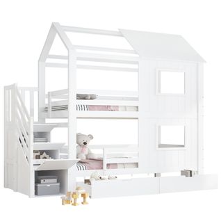 Lit Superposé Cabane 2x90x200cm Avec 2 Tiroirs Et 3 Escaliers De Rangement Blanc