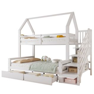 Lit Superposé Cabane 90x200cm + 140x200cm Avec 2 Tiroirs Et 4 Escaliers De Rangement Blanc
