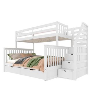 Lit Superposé 90x200cm + 140x200cm Avec 2 Tiroirs Et 4 Escaliers De Rangement Blanc