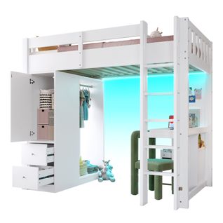 Lit Mezzanine 90x200cm Avec LED, USB, Bureau, Penderie, 1 Porte Et 4 Tiroirs Blanc