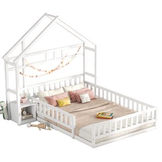 Lit Enfant 140 X 200 Cm Lit Cabane Avec Barrières Et Table De Chevet En Blanc