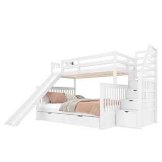 Lit Superposé 90 X 200 + 140 X 200 Cm Avec Tiroirs, Rangements Et Toboggans, Multifonction, Blanc