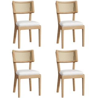 Lot De 4 Chaises En Bois Massif Avec Dossiers En Rotin Et Assises En Velours Imitation Chêne