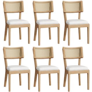 Lot De 6 Chaises En Bois Massif Avec Dossiers En Rotin Et Assises En Velours Imitation Chêne