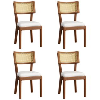 Lot De 4 Chaises En Bois Massif Avec Dossiers En Rotin Et Assises En Velours Marron