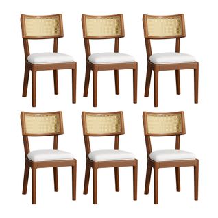 Lot De 6 Chaises En Bois Massif Avec Dossiers En Rotin Et Assises En Velours Marron