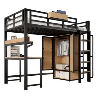 Lit Mezzanine 90 X 200 Cm Avec Bureau, Étagères Et Armoire En Métal Noir