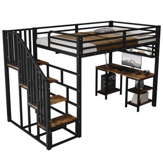 Lit Mezzanine 120 X 200 Cm Avec Bureau, Étagères Et Escaliers En Métal Noir