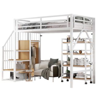 Lit Mezzanine 90 X 200 Cm Avec Étagères Multicouches En Métal Blanc