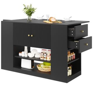 Ilot Central Ilot De Cuisine Avec 3 Portes, 2 Tiroirs Et Bureau Pliable Noir