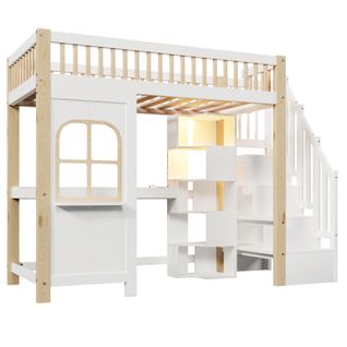 Lit Mezzanine 90x200cm Avec LED, USB， Bureau Et Étagères à Plusieurs Niveaux Blanc