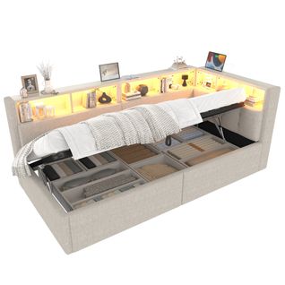 Lit Coffre 90x200cm Avec LED, USB Et Plusieurs Compartiments De Rangement Lin Beige
