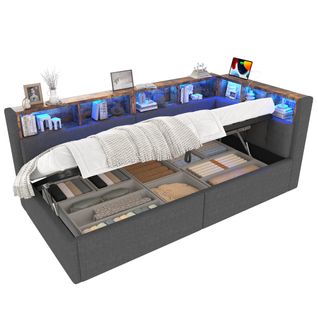 Lit Coffre 90x200cm Avec LED, USB Et Plusieurs Compartiments De Rangement Lin Gris