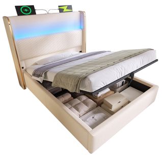 Lit Coffre 90x200cm Avec LED, USB Lin Beige