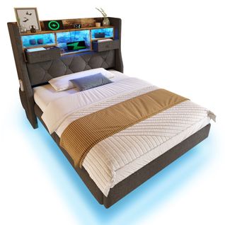 Lit 90x200cm Avec LED, USB Et Tête De Lit Avec Rangement Lin Girs