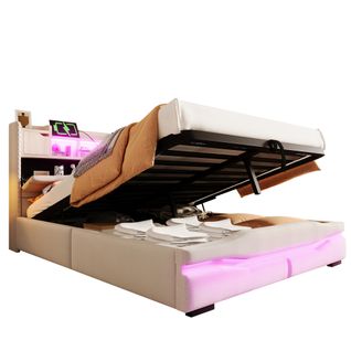 Lit Coffre 140x200cm Avec LED, USB Et Sommier Lin Beige