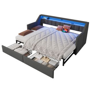 Lit Gigogne 90/180 X 200cm Avec LED, USB Et 2 Tiroirs Lin Gris