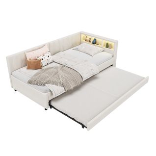 Lit Gigogne 90 X 200cm Avec LED Et USB Lin Beige