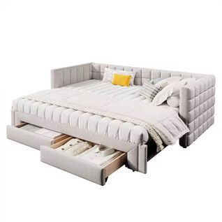 Lit Gigogne 90/180 X 200cm Avec 2 Tiroirs Velours Beige