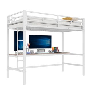 Lit Mezzanine 90 X 200cm Avec LED, USB Et Bureau Blanc