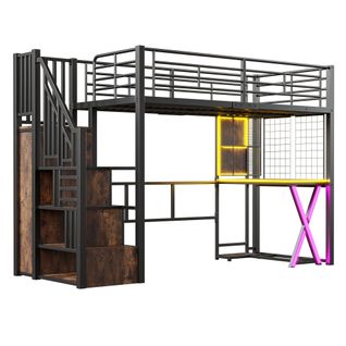 Lit Mezzanine 90 X 200cm Avec LED, Bureau, Escalier De Rangement Et Penderie Style Industriel