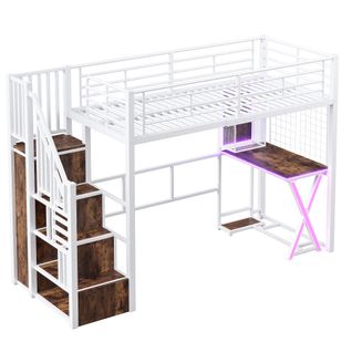 Lit Mezzanine 90 X 200cm Avec LED, Bureau, Escalier De Rangement Et Penderie Blanc