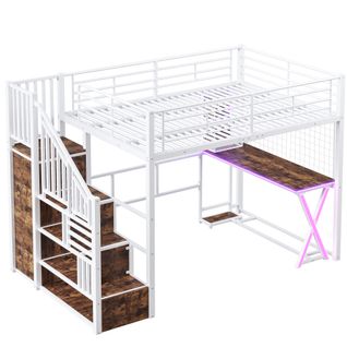 Lit Mezzanine 140 X 200cm Avec LED, Bureau, Escalier De Rangement Et Penderie Blanc