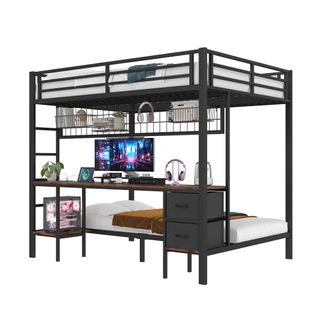 Lit Superposé 140 X 200cm + 90 X 200cm Avec Bureau Et 2 Tiroirs En Tissu Noir