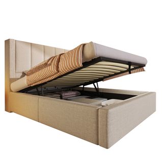 Lit Coffre 90x200 Cm Avec Porte-gobelet Caché Et USB Lin Beige