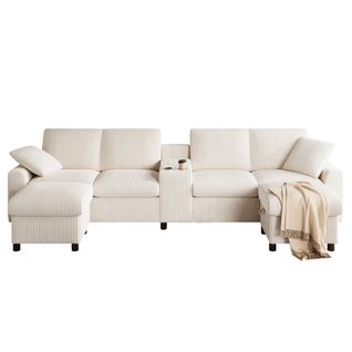 Canapé Angle Fixe 4 Places Avec Port USB Et 2 Poufs De Rangement Velours Côtelé Beige