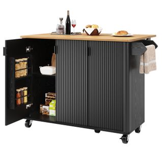 Desserte Ilot Central De Cuisine Mobile Avec 3 Portes Noir