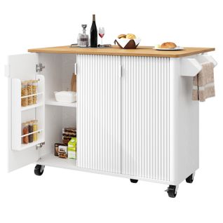 Desserte Ilot Central De Cuisine Mobile Avec 3 Portes Blanc