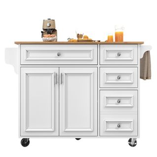 Desserte Ilot Central De Cuisine Mobile Avec 2 Portes Et 5 Tiroirs Blanc