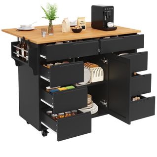 Desserte Ilot Central De Cuisine Mobile Avec 1 Porte Et 8 Tiroirs Noir