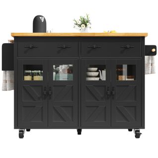 Desserte Ilot Central De Cuisine Mobile Avec 4 Portes Et 2 Tiroirs Noir