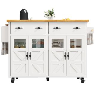 Desserte Ilot Central De Cuisine Mobile Avec 4 Portes Et 2 Tiroirs Blanc