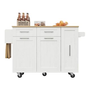 Desserte Ilot Central De Cuisine Mobile Avec 2 Portes Et 2 Tiroirs Blanc