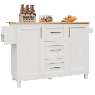 Desserte Ilot Central De Cuisine Mobile Avec 2 Portes Et 3 Tiroirs Blanc