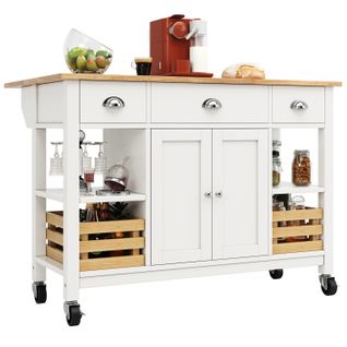 Desserte Ilot Central De Cuisine Mobile Avec 2 Portes, 3 Tiroirs Et 2 Paniers De Rangement Blanc