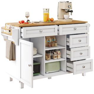 Desserte Ilot Central De Cuisine Mobile Avec 1 Porte, 5 Tiroirs Et 3 Niches Blanc