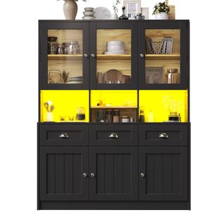 Buffet De Cuisine Avec LED, 6 Portes, 3 Tiroirs Et 4 Niches Noir